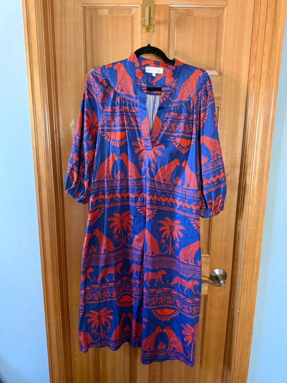 Corey Lynn Calter Blue Dress with Bright Orange Jungle Motif